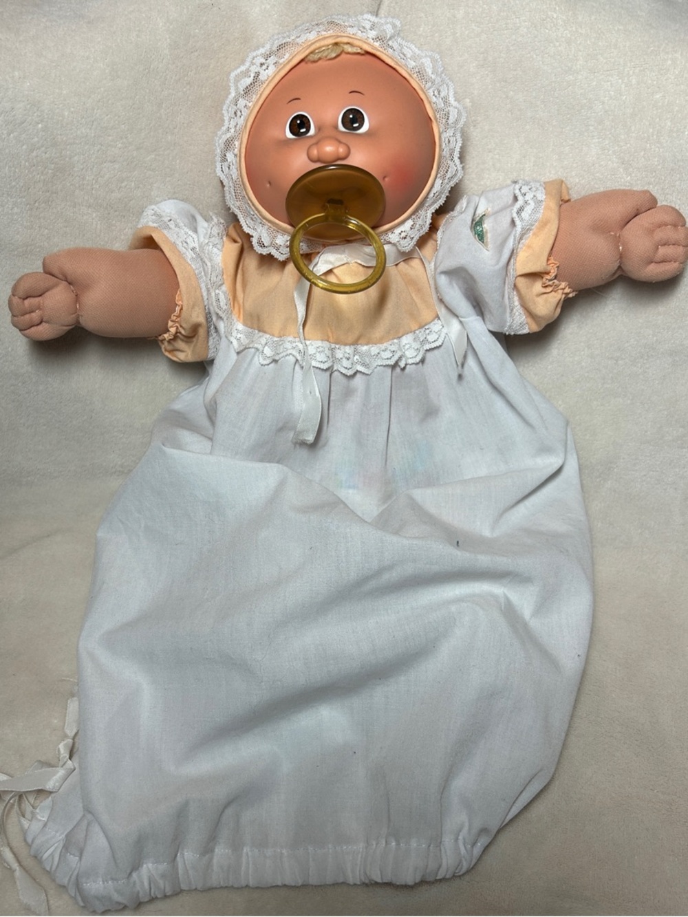 Meet Genevieve! A CPK Preemie White and Peach Hooded Gown